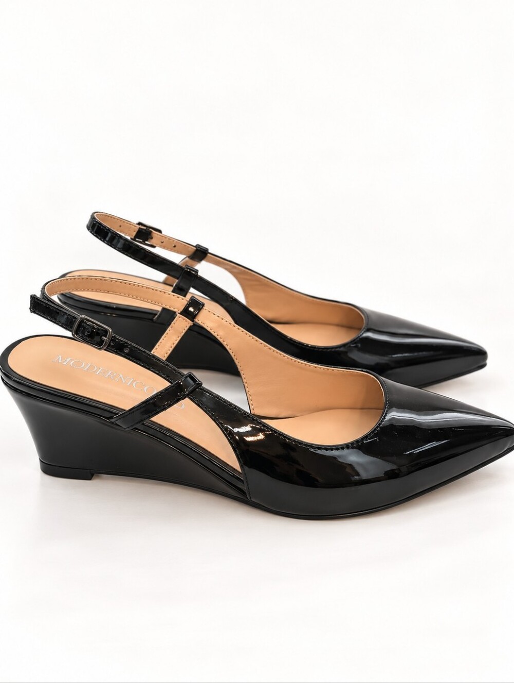 MODENCOCO Black Patent Pointed Toe Slingback Wedge Heels | Size 8 - Picture 5 of 10
